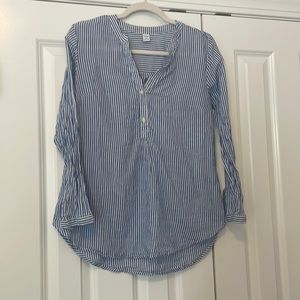 Blue/White Striped Blouse With Buttons and Scoop Hem